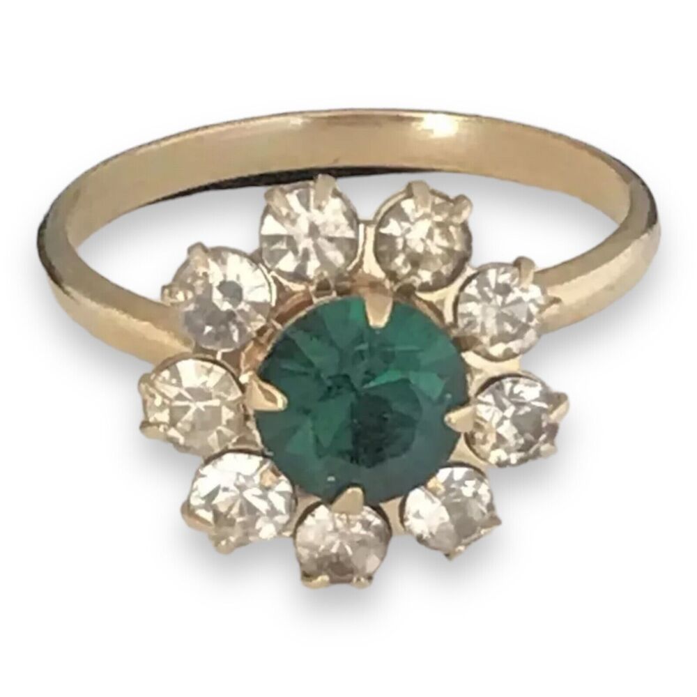 Vintage 1960s Floral Ring Gold Tone Rhinestone Crystals Mid Century - 4X